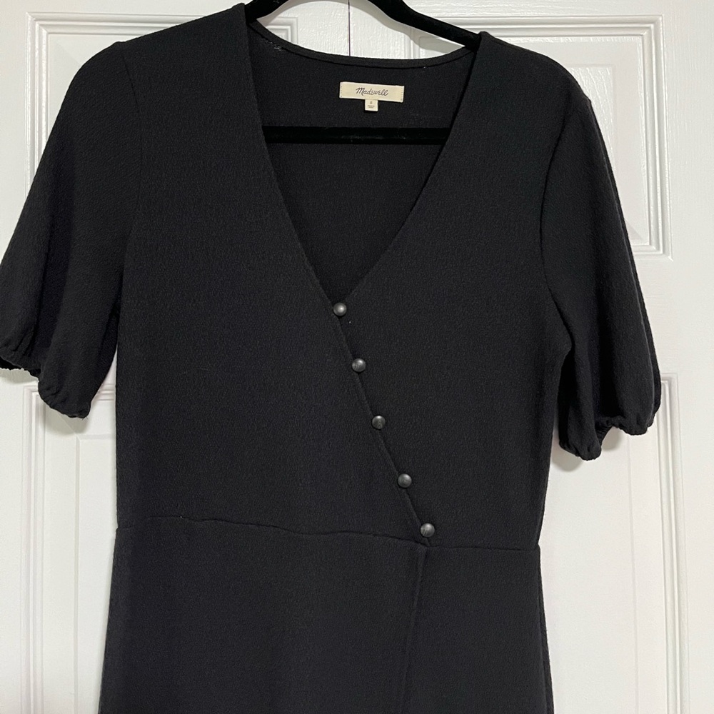 Madewell Black Cross Front Button Faux Wrap Dress V-Neck size Small